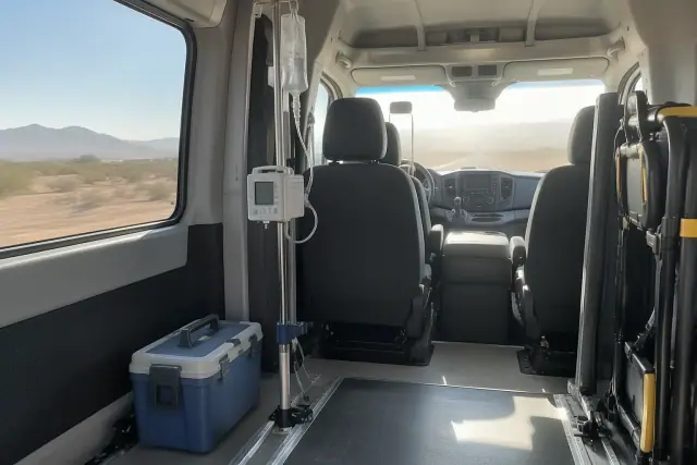 Infusion pole and medication lockbox inside a medical transport van in San Tan Valley, AZ.