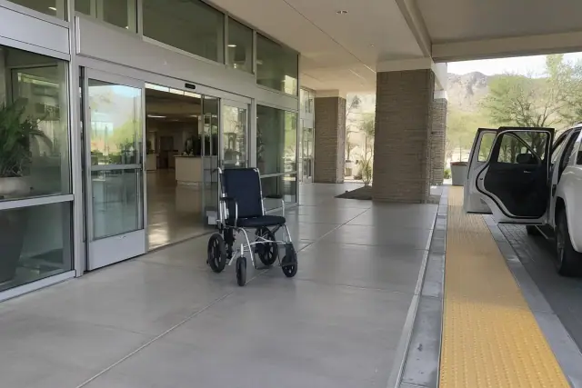 Specialized transfer wheelchair at a cancer treatment center drop-off in Scottsdale, AZ.