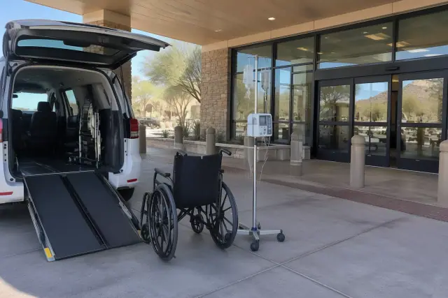 Chemotherapy transportation at a cancer treatment center drop-off in Mesa, AZ.