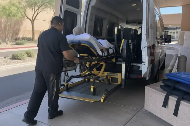 Medical vehicle lift and transfer pads for chemotherapy transport at a hospital in Mesa, AZ.