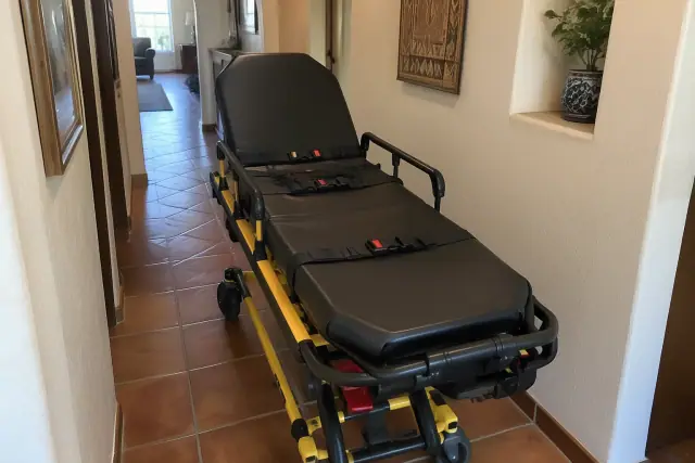 Unfolded medical transport stretcher in a Mesa, AZ residence hallway with terracotta tile floors.