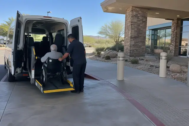 Dialysis transportation vehicle at a hospital loading bay in Mesa, AZ under midday sun.