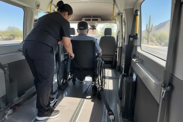 Interior of a transport van with secure floor tracks in Mesa, AZ.