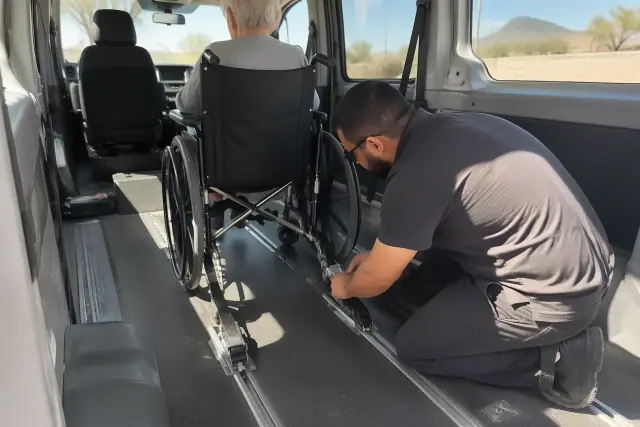 Interior of a transport van with secure floor tracks in Mesa, AZ.