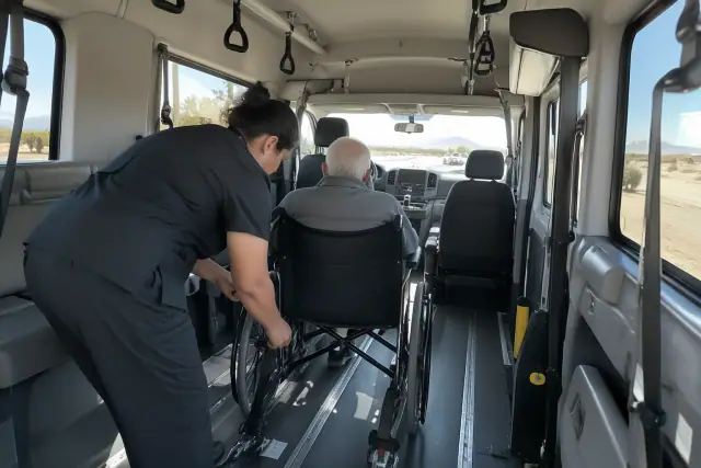 Dialysis transportation van interior in Chandler, AZ with floor tracks and desert light.