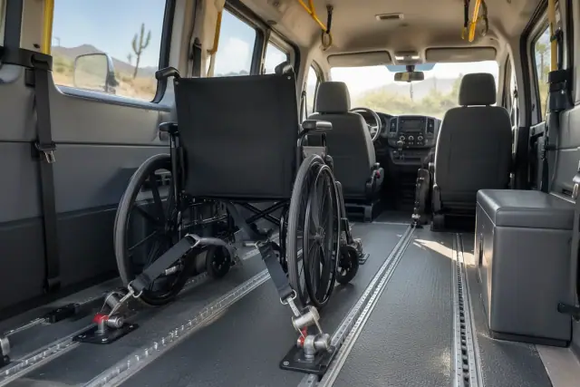 Dialysis transportation van interior with secure floor anchor straps in Gilbert, AZ.