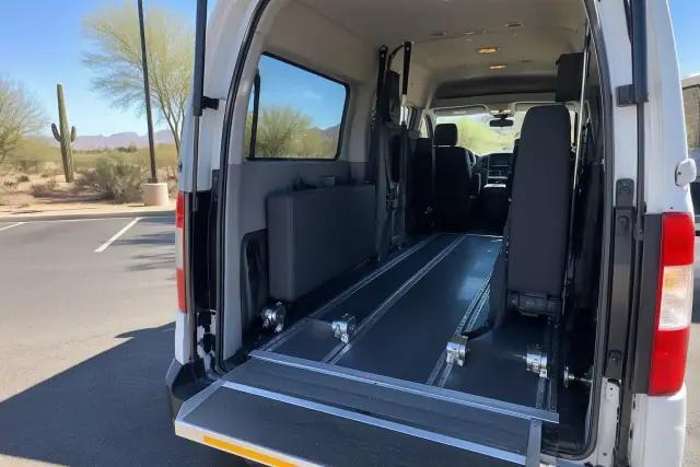 Padded interior of a dialysis and bariatric transport vehicle in Mesa, AZ, showing secure floor tracks.