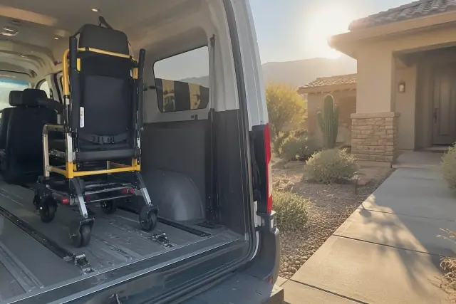 Dialysis transportation vehicle with secure floor tracks at a residential property in Mesa, AZ.