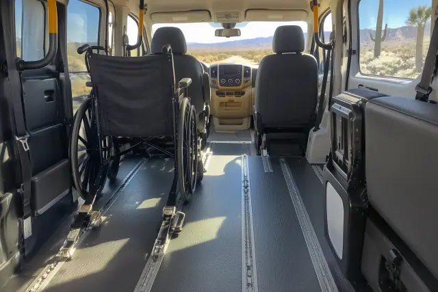 Interior of a padded medical transport vehicle with floor tracks in Scottsdale, AZ.