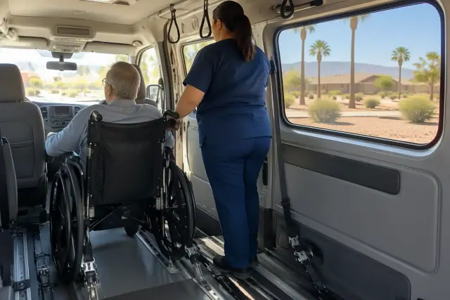 Dialysis transportation vehicle interior in Sun Lakes, AZ, showing floor restraints and a desert view.
