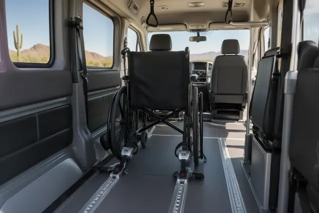 Dialysis transport van interior with secure floor tracks and wheelchair restraints in Fountain Hills, AZ.