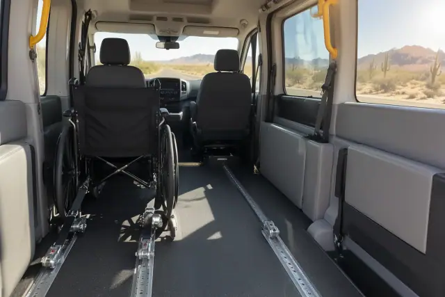 Interior of a medical transport van with floor tracks and grab handles in Apache Junction, AZ.