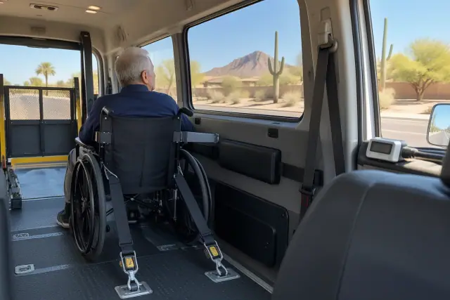 Secured medical transport vehicle cabin with floor tie-downs and padded restraints in Mesa, AZ.