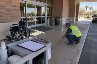 Contractor inspecting the floor surface near brick exterior walls in Mesa, AZ.
