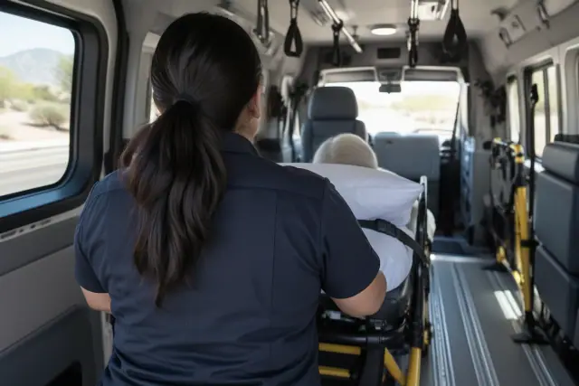 Medical transport professional in a padded van interior with secure floor tracks in Mesa, AZ.