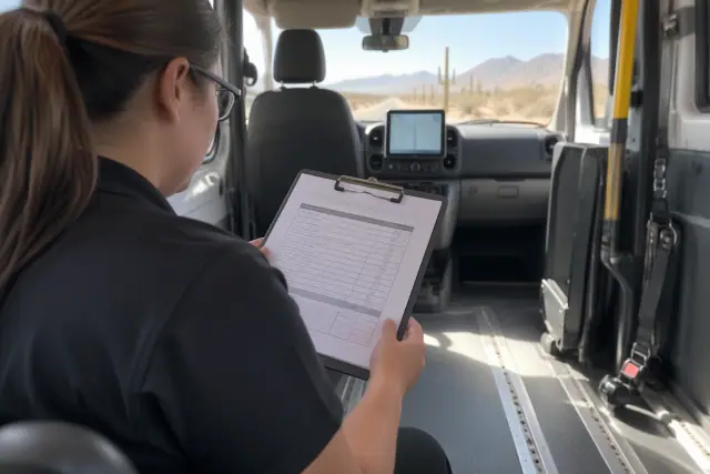 Dispatcher reviewing an itemized medical trip quote inside a transport van in Mesa, AZ.