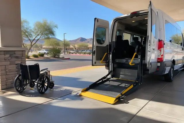 Door-to-door medical transportation facility assistance at a jobsite in Mesa, AZ under bright desert sun.