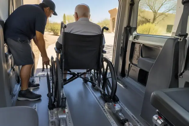 Interior of a transport van in Mesa, AZ showing secure floor tracks locking a mobility device.