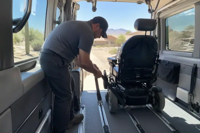 Contractor progress photo of equipment coordination at discharge inside a transport van in Mesa, AZ.