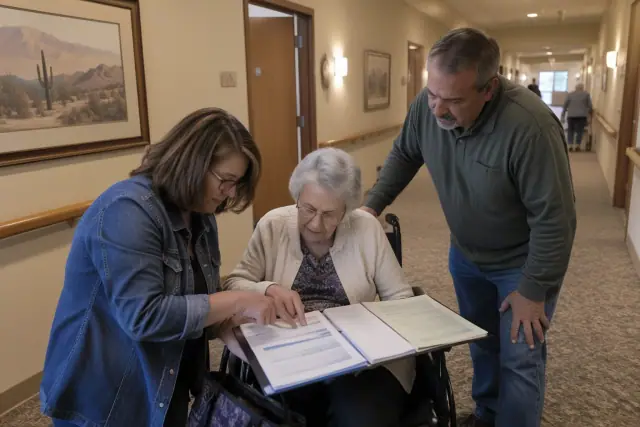 Family reviewing Medicare paperwork in an assisted living facility hallway in Mesa, AZ.