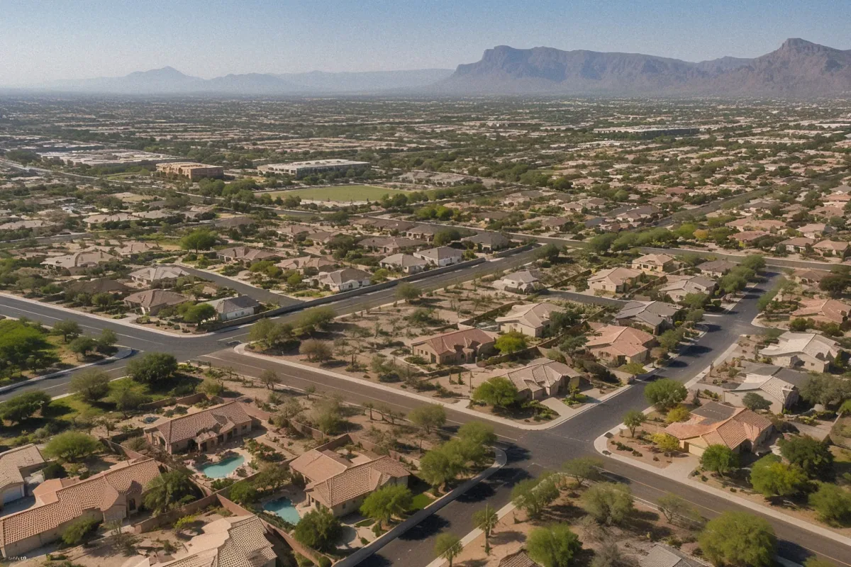 Aerial drone view of a suburban neighborhood with stucco homes and desert landscaping in Mesa, AZ.