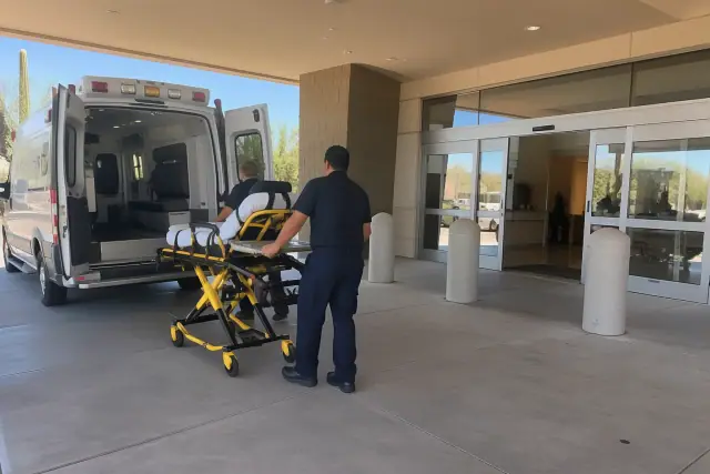 Hospital discharge medical transport at an ambulance bay in Scottsdale, AZ.