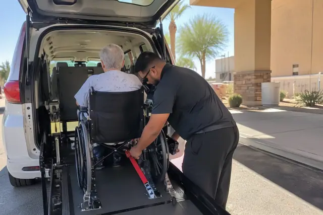 Hospital discharge wheelchair transportation in Mesa, AZ, showing a secure tie-down mechanism.