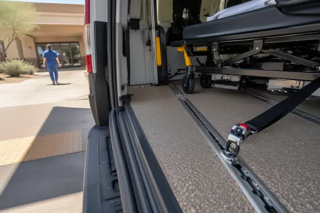 Bariatric hospital discharge transportation vehicle interior with heavy-duty floor tracks in Mesa, AZ.