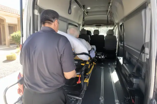 Hospital discharge transport van interior with secure restraints in Sun Lakes, AZ.