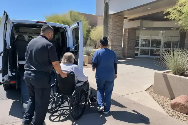 Hospital discharge transportation for behavioral health in Mesa, AZ, under bright midday sunlight.