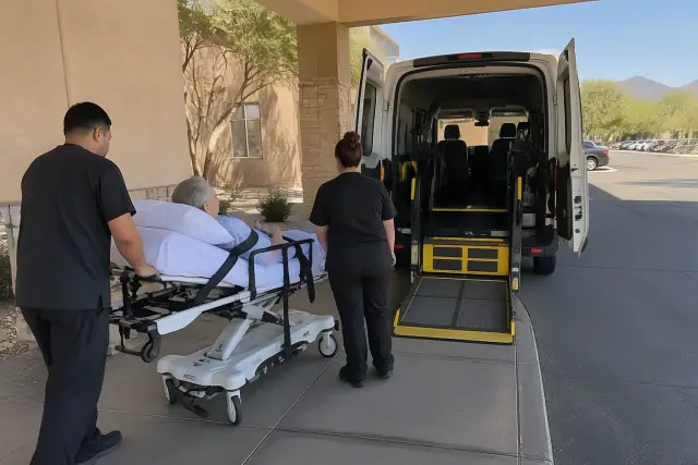 Hospital discharge and dialysis transportation equipment outside a stucco building in Mesa, AZ.