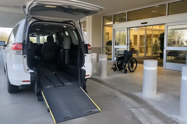 Hospital discharge transportation vehicle at a medical facility in Mesa, AZ, framed by sliding glass doors.