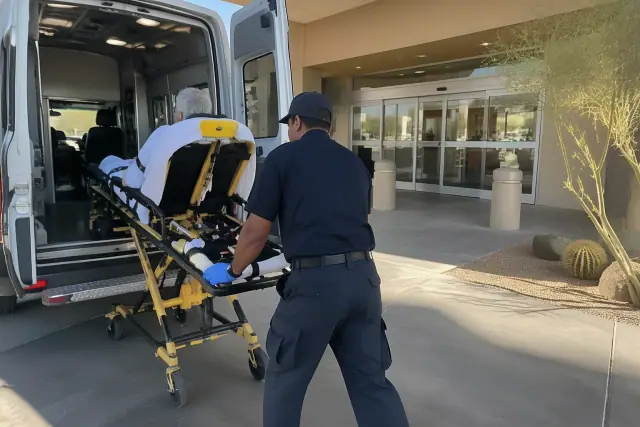 Medical transport vehicle at a hospital ambulance bay in Tempe, AZ.
