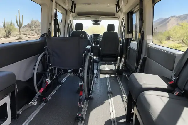 Interior of a medical transport van with wheelchair restraints in Fountain Hills, AZ.