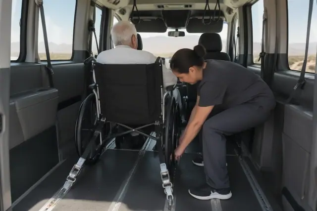 Hospital discharge transportation van interior with wheelchair securement straps in Mesa, AZ.