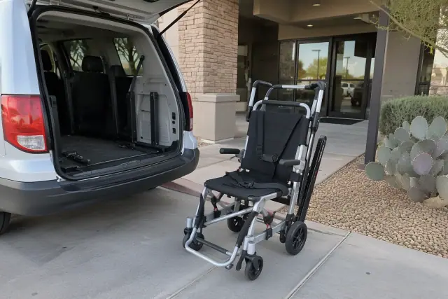 Empty stair chair beside an open transport van at a dialysis clinic in Mesa, AZ.