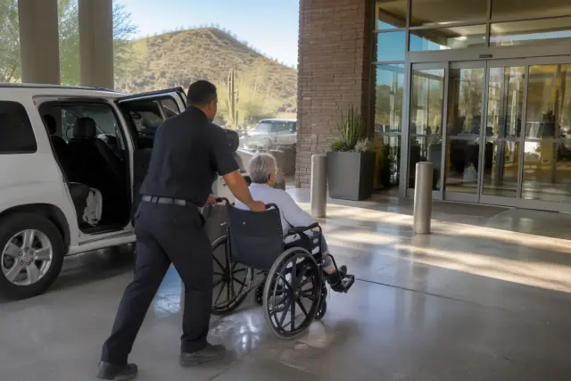 Hospital discharge transportation for chemotherapy at a cancer treatment center in Mesa, AZ.
