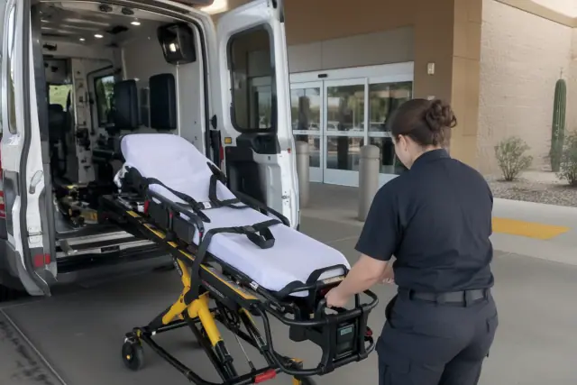 Hospital discharge medical transport in San Tan Valley, AZ, featuring transfer equipment in an ambulance bay.