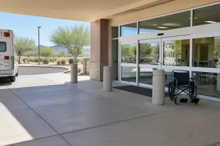 Transport wheelchair staged near automatic sliding glass doors at a concrete ambulance bay in Mesa, AZ.