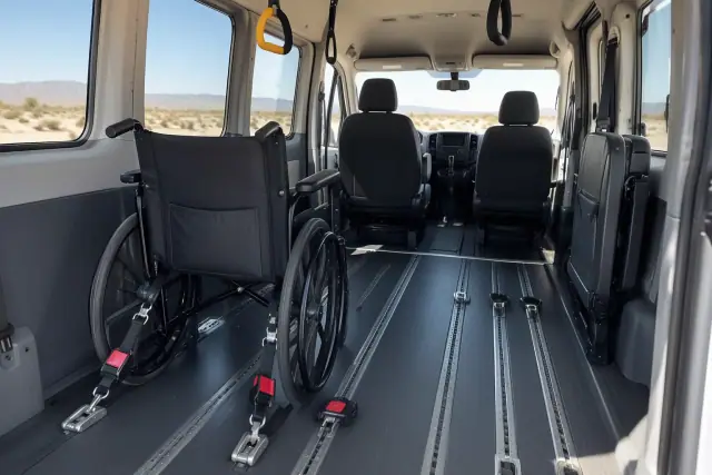 Padded interior of a medical transport van with secure floor tracks and wheelchair restraints in Mesa, AZ.