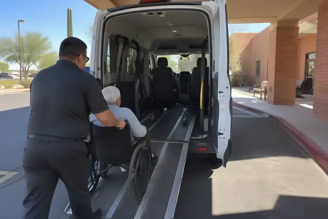 Long-distance medical transport vehicle with mobility ramps deployed in Mesa, AZ.