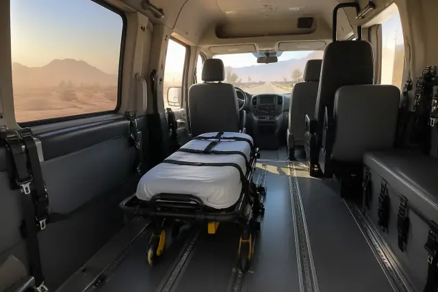 Interior of a medical transport van with secure floor tracks and padded bulkhead in San Tan Valley, AZ.
