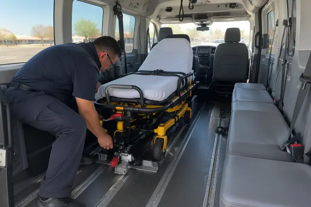 Interior of a medical transport van with secure floor tracks in Tempe, AZ.