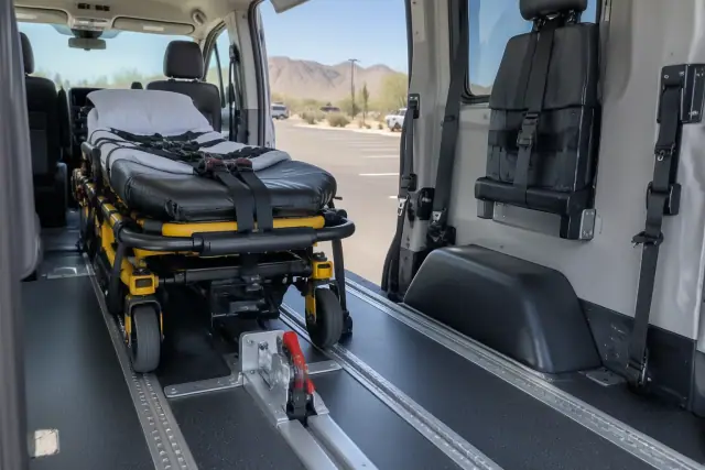 Medical cot restraint bracket locked to floor tracks inside a transport van in Mesa, AZ.