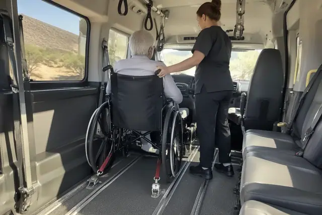 Padded interior of a medical transport van with floor tracks and grab handles in Fountain Hills, AZ.