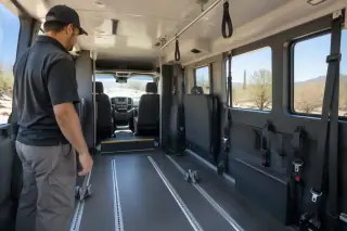 Arid desert dust trace on rubber floor mats inside a transport van in Mesa, AZ.