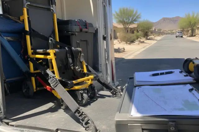 Stair chair transport planning with restraints and clipboards at a residential job in Mesa, AZ.