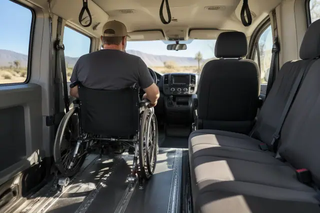 Contractor progress photo of a padded transport van interior in Mesa, AZ, showing secure floor tracks and overhead grab