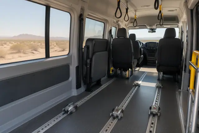 Padded interior of a medical transport van with floor tracks in San Tan Valley, AZ.