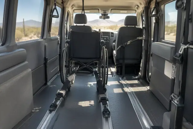 Padded medical transport van interior with wheelchair securement straps in Gilbert, AZ.